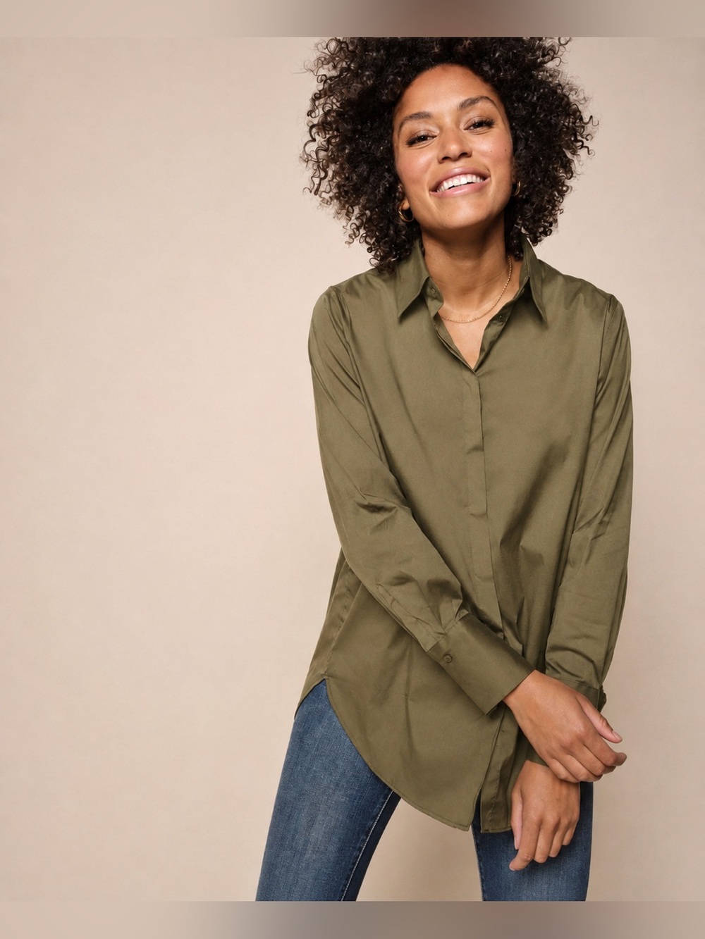 MOS MOSH Enola Oversized Shirt | Capers Green | Hidden Placket | Size M